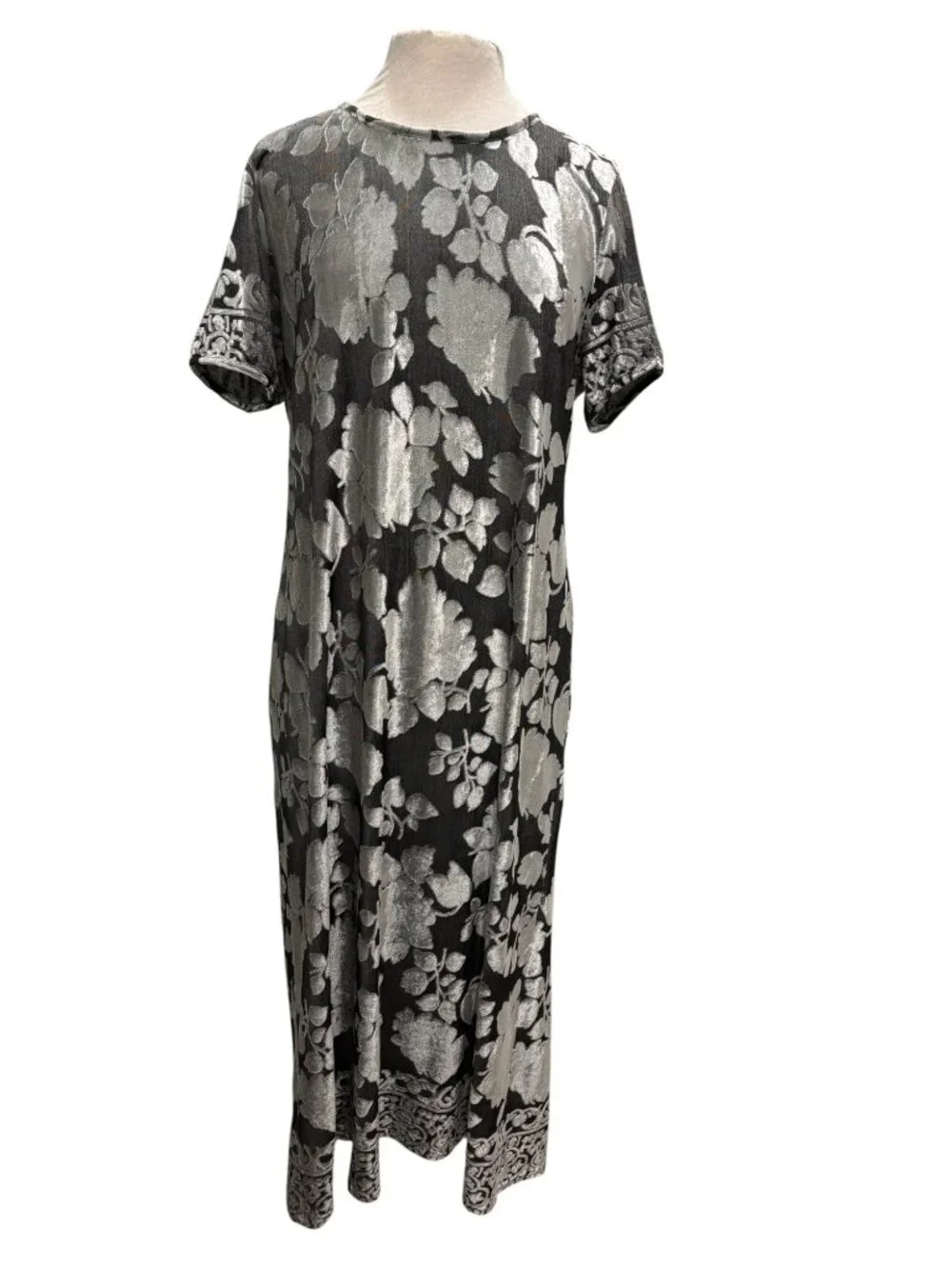 Vintage CW Rose Woman Silver Floral Metallic Maxi Dress Boho Art to Wear XL - Picture 2 of 9
